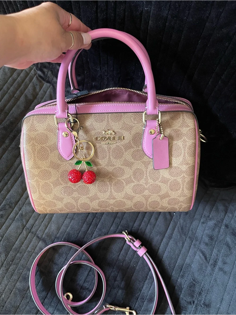 Coach Brown Signature Satchel with Pink Trim and Cherry Charm